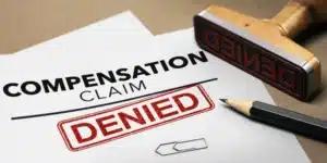 A workers' compensation claim stamped with “Denied,” as it became revealed that it was an exaggerated personal injury claim.