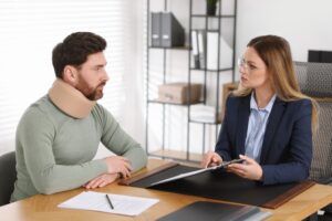 An injured man consults with an attorney to find out how a lawyer can help with uninsured motorist accidents.